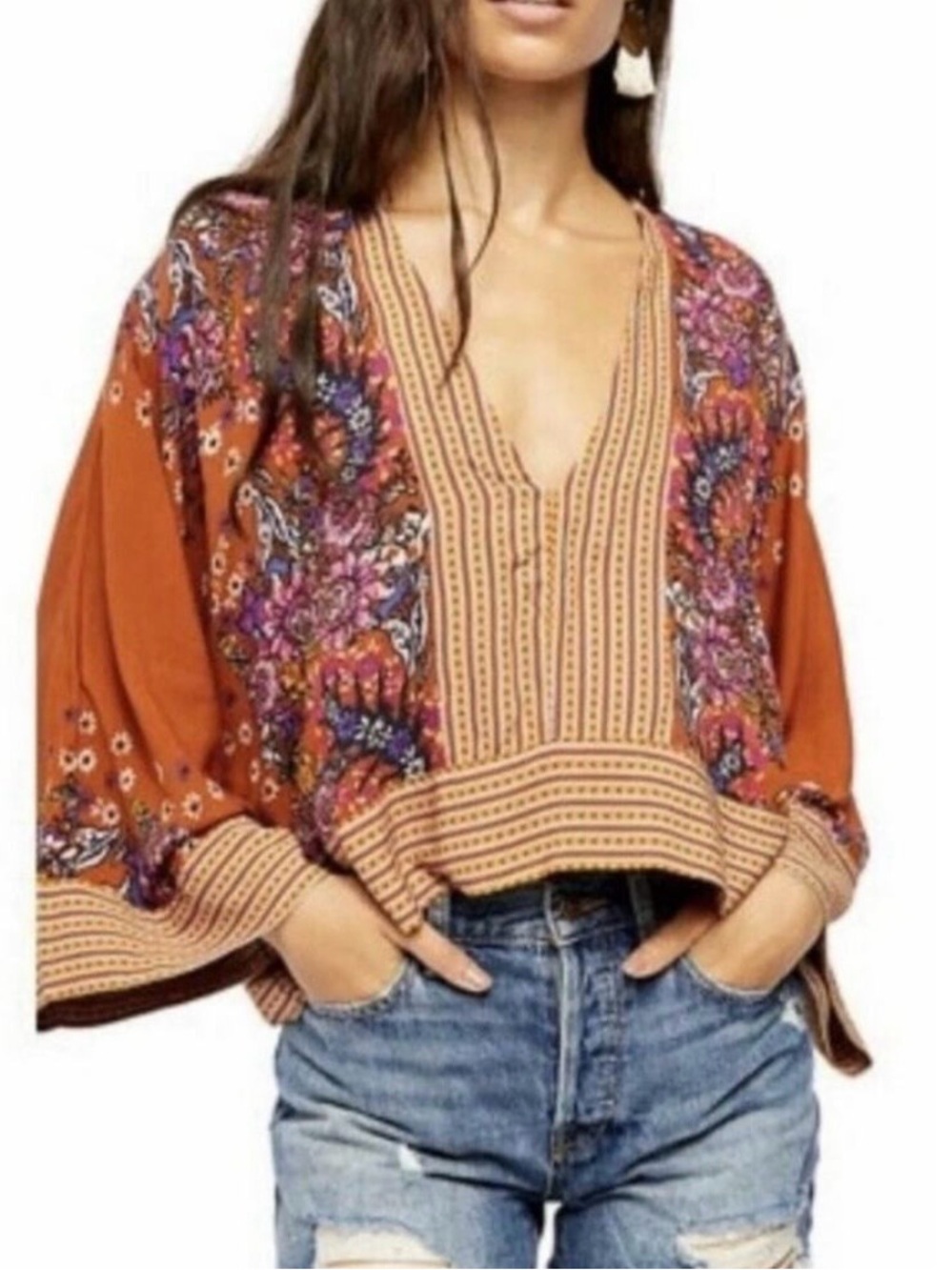 Free People Mix And Match Top Bohemian Rust Floral V-Neck Women's Top